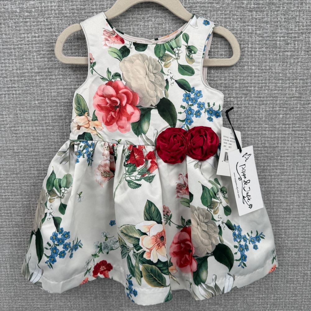 Pippa & Julie Girls Floral Dress Red Roses Belted‎ Size 24 Months